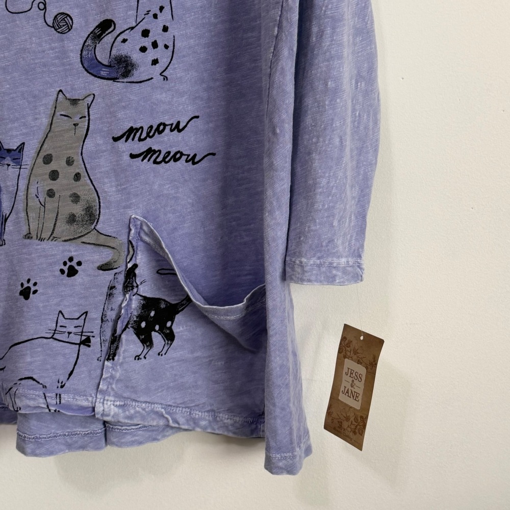 Jess & Jane Whiskers Cat Graphic Tunic Top M Blue Mineral Wash M12-2228 NEW FLAW - Picture 2 of 11